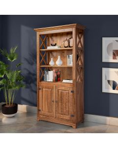 Livreiro Estante Rústica com Prateleiras Detalhe X em Madeira Maciça com 2 Portas - Natural